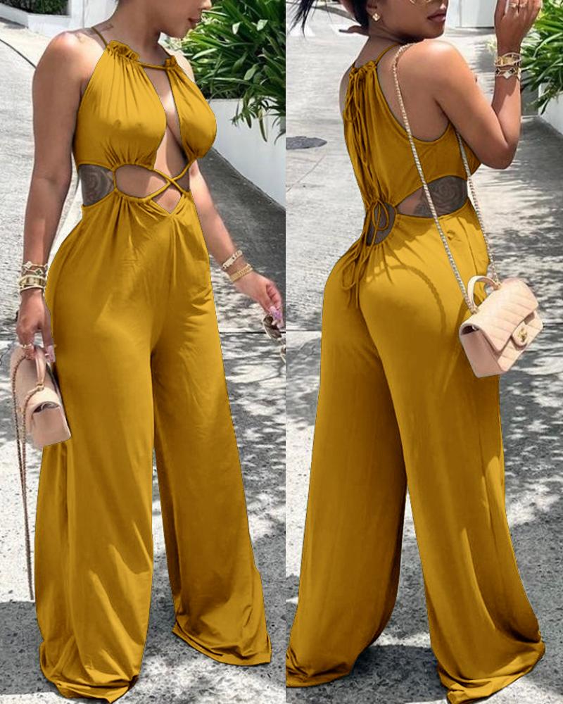 

Lace-up Cutout Wide Leg Jumpsuit, Dark yellow