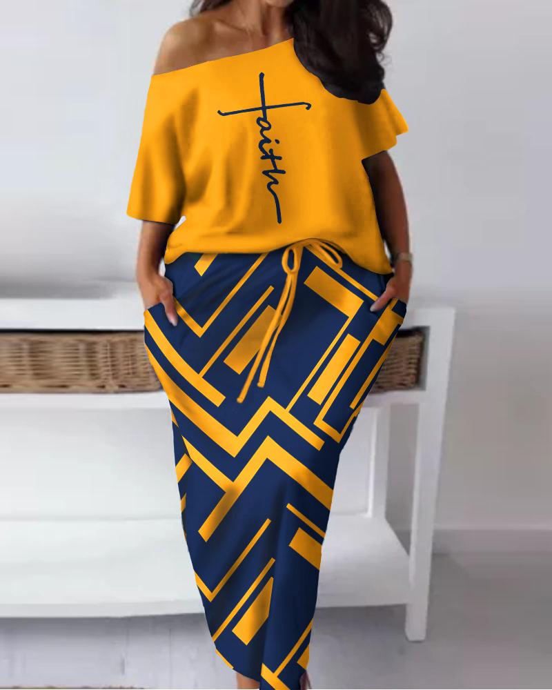 

Plus Size Faith Geometric Print Casual Top & Skirt Set, Orange