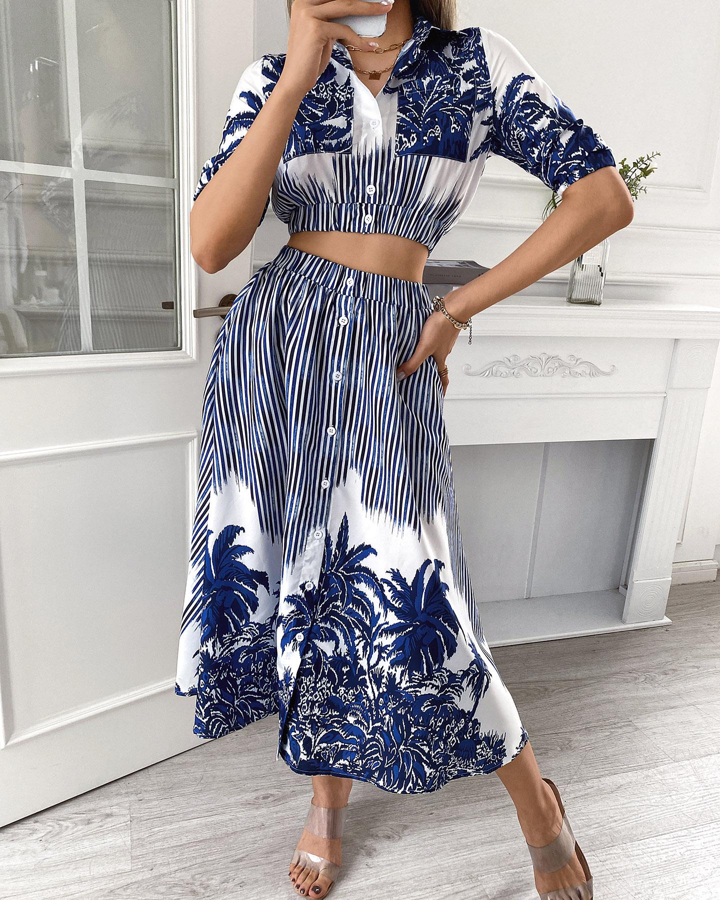 

All Over Print Button Pocket Design Crop Top & Skirt Set, Blue