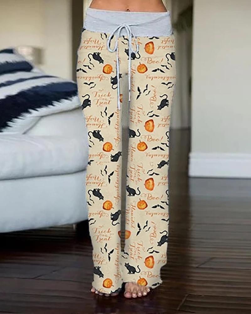 

Halloween Pumpkin Animal Print Drawstring Pants, Beige