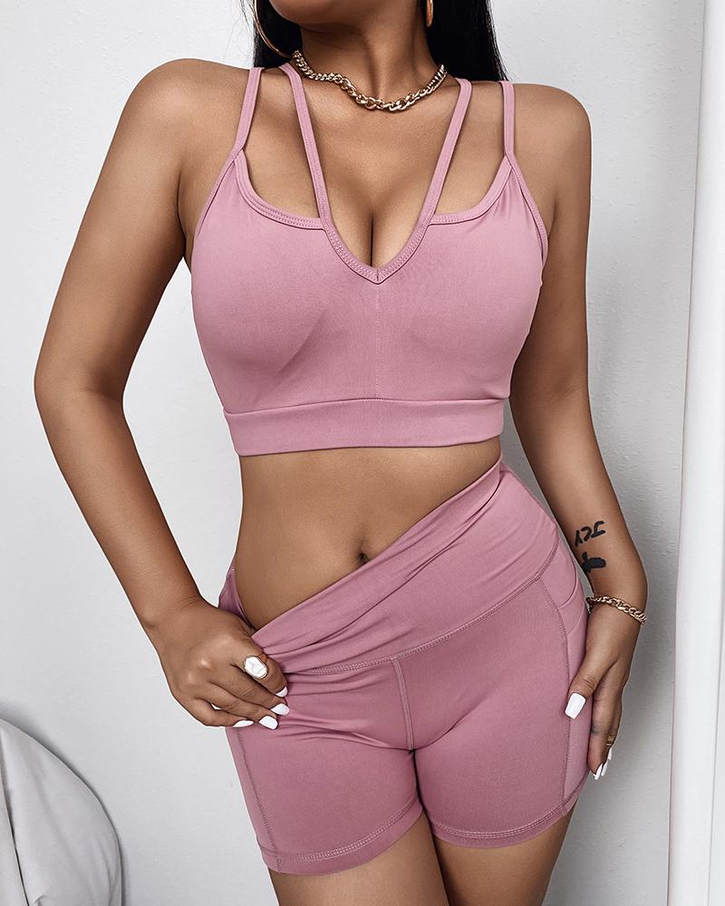 

Double Strap Cutout Crisscross Backless Active Set, Pink