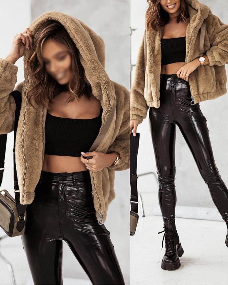 

Long Sleeve Hooded Zip Up Teddy Coat, Khaki