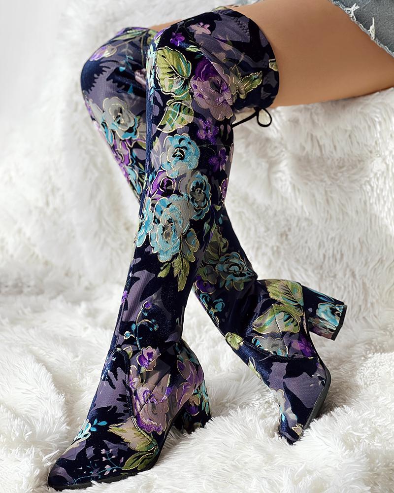 

Floral Print Non Slip Chunky Heel Boots, Purple