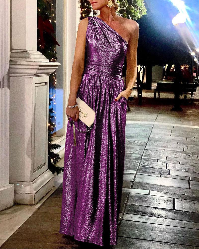 

Metallic Design One Shoulder Ruched Party Dress, Purple