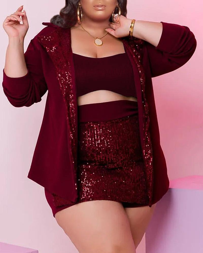 

Plus Size 3PCS Contrast Sequin Crop Top & Skorts Set With Coat, Wine red