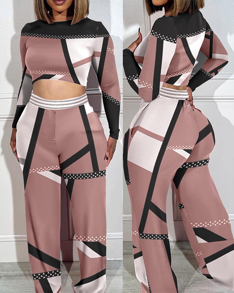 Geometric Print Colorblock Crop Top & Wide Leg Pants Set