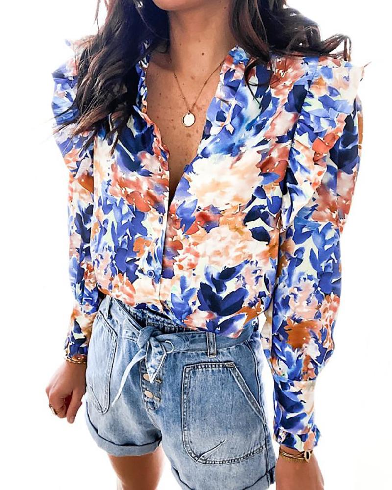 

Floral Print Ruffles Long Sleeve Top, Blue