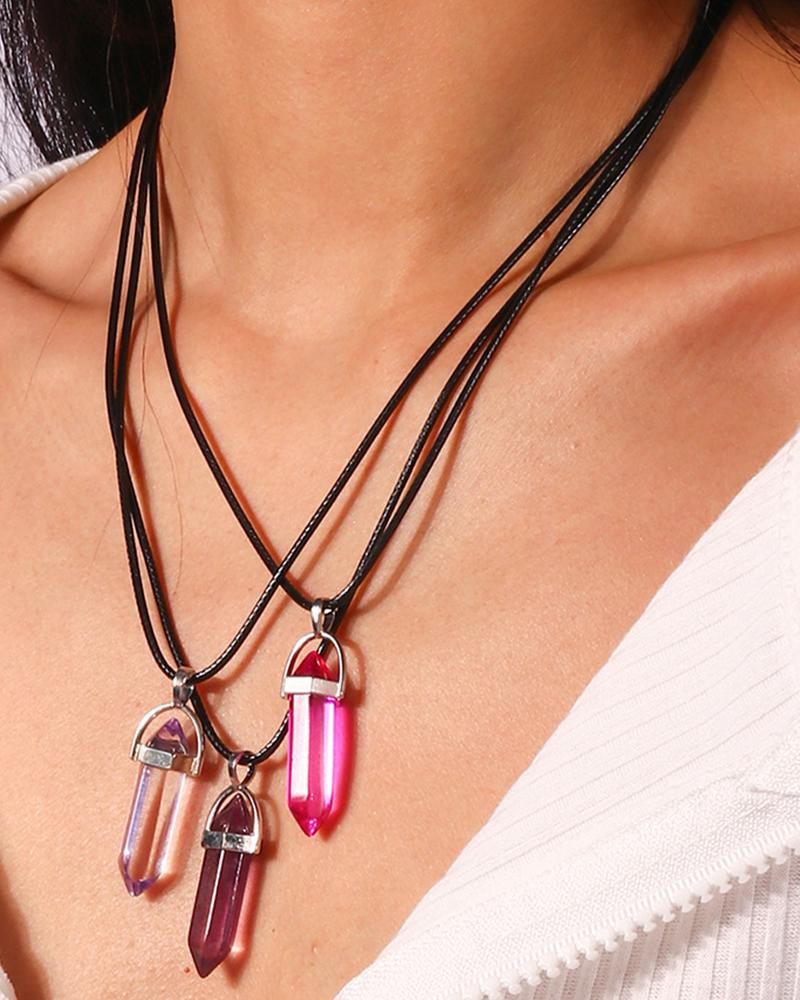 

3pcs Hexagon Prism Crystal Stone Pendant Necklaces Set, Purple