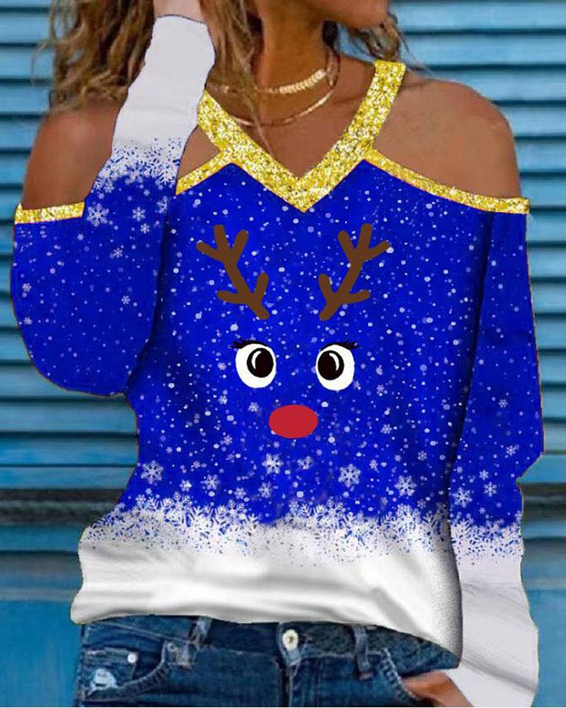 

Christmas Cartoon Elk Snowflake Print Cold Shoulder Top, Blue