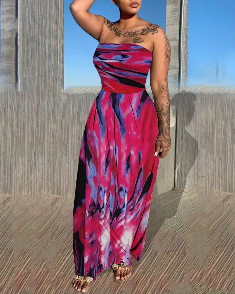

Tie Dye Print Bandeau Sleeveless Maxi Dress, Hot pink