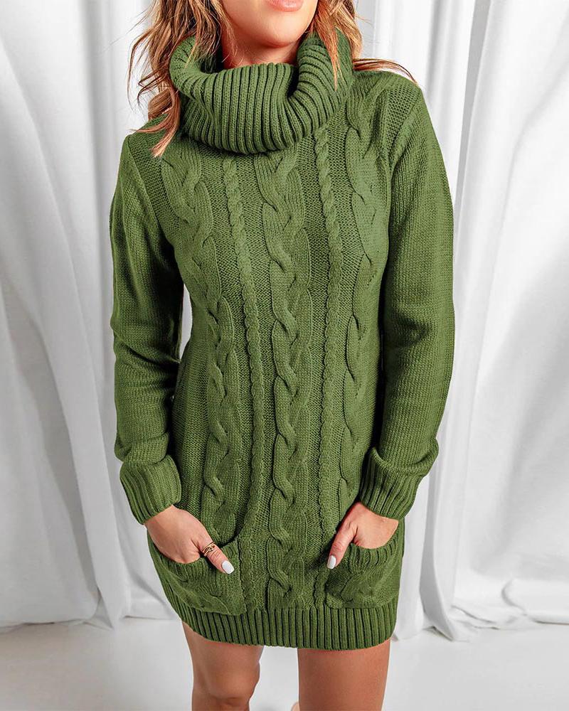 

Long Sleeve Turtleneck Cable Knit Sweater Dress, Army green