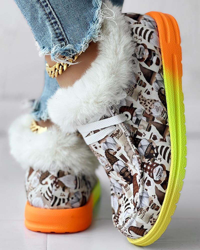

Christmas Gnomes Print Lace-up Fuzzy Detail Lined Ankle Boots, Khaki