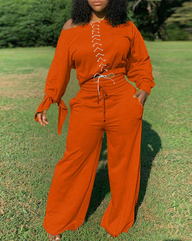 

Plus Size Grommet Eyelet Lace-up Top & Pants Set, Orange