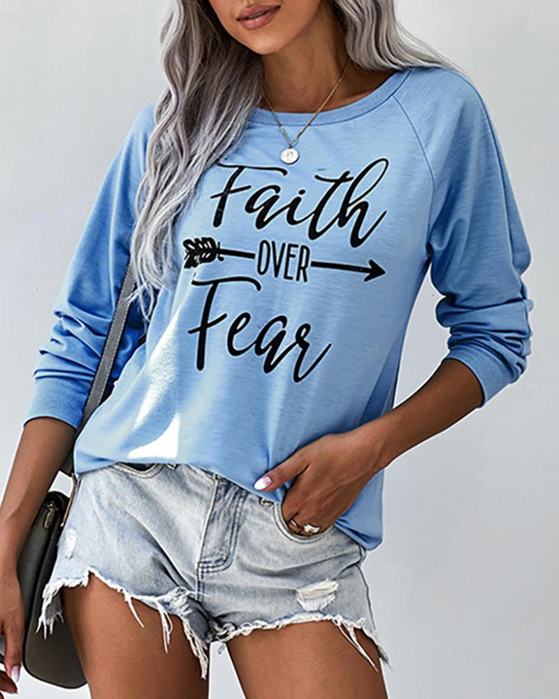

Letter Print Long Sleeve Casual Top, Blue