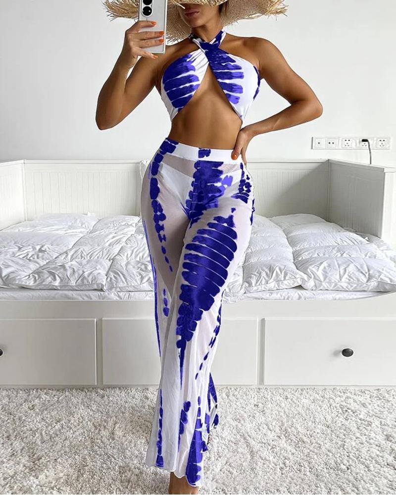 

3PCS Tie Dye Print Halter Bikini Set With Cover Up Pants, Blue