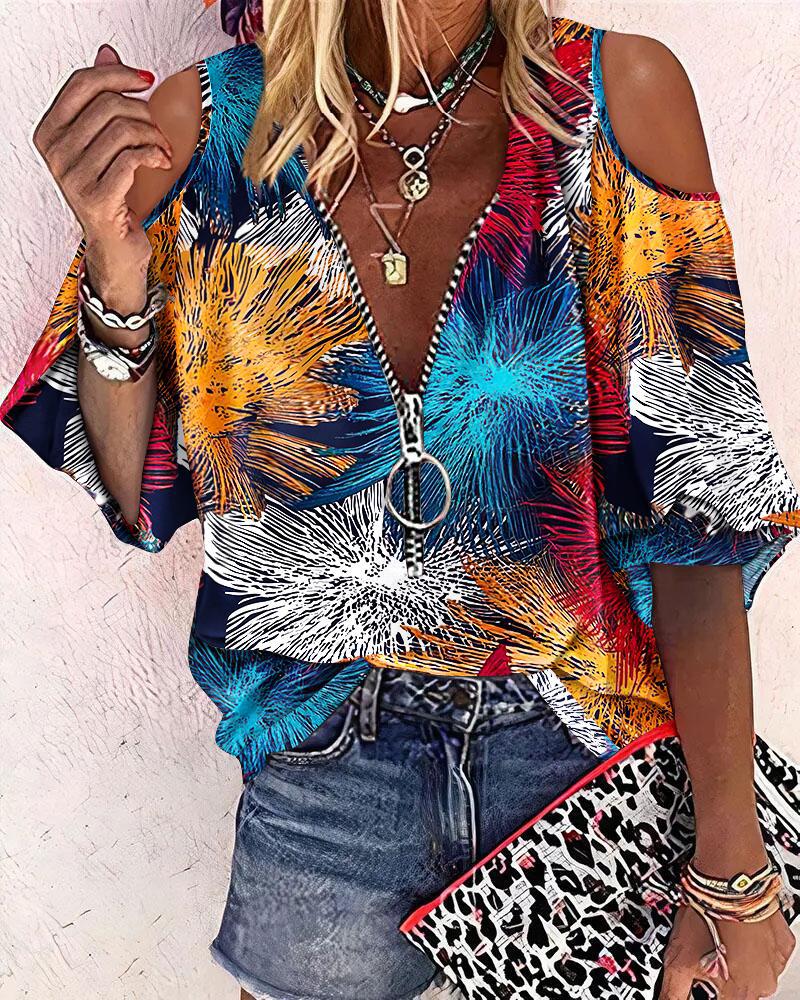 

Graphic Print Zip Front Cold Shoulder Top, Multicolor