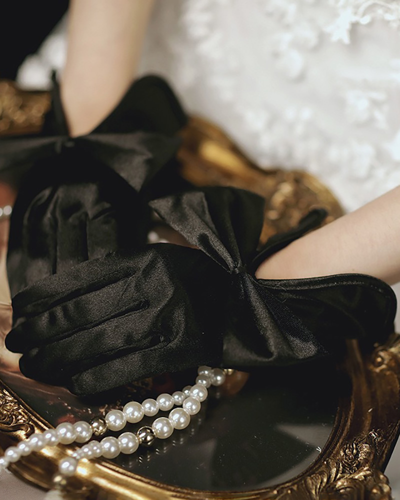 

Asymmetrical Bowknot Decor Satin Gloves, Black