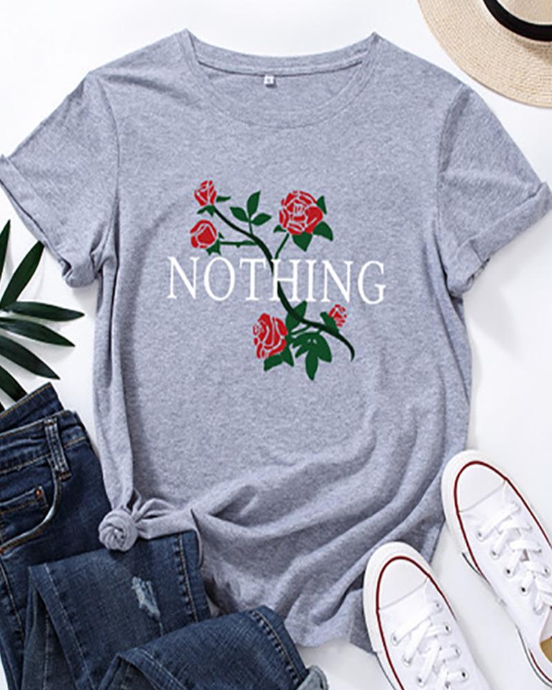 

Letter Floral Print Short Sleeve Casual T-shirt, Gray