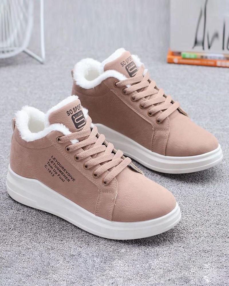 

Letter Print Lace-up Lined Platform Sneakers, Pink