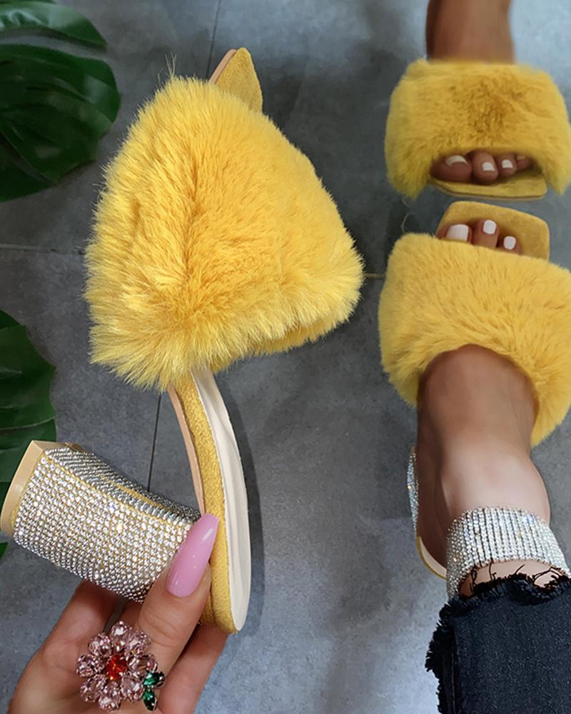 

Square-toe Solid Color Fluffy Heel Sandals, Yellow