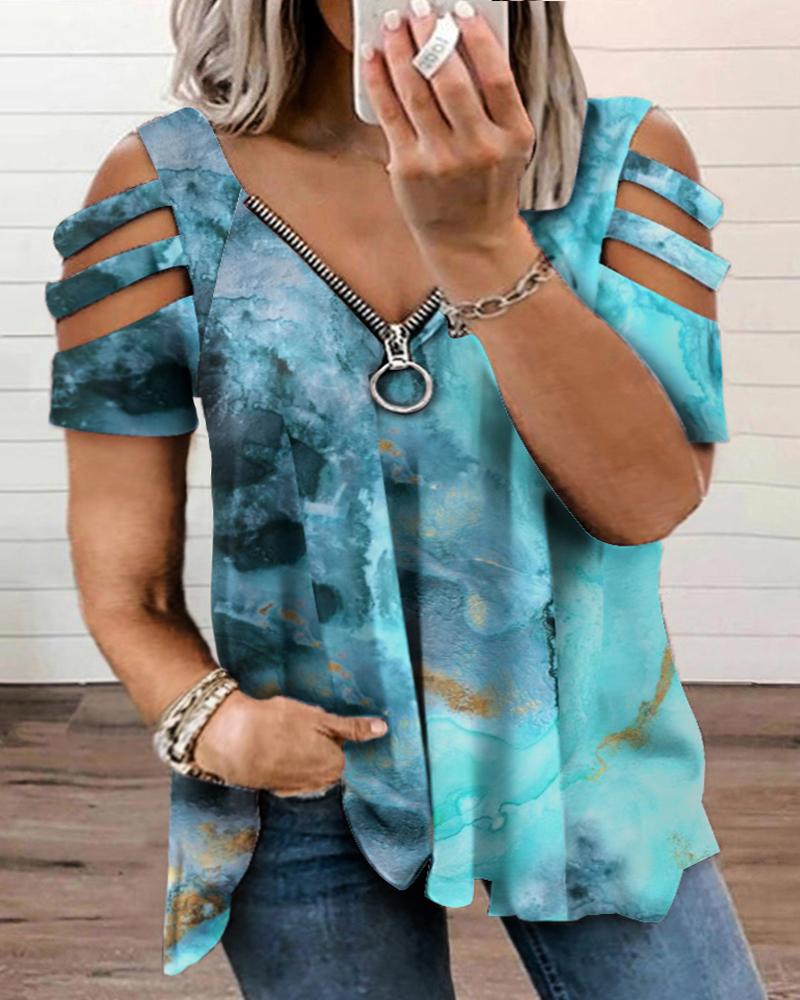 

Plus Size Marble Print Cutout Zipper Design T-Shirt, Blue