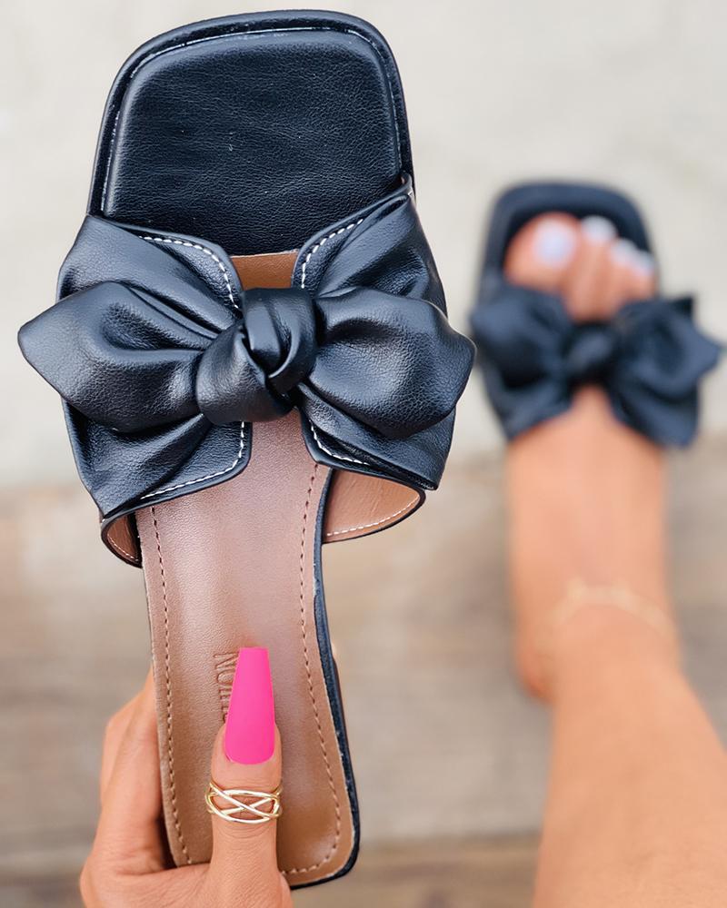 

Bowknot Decor Square Toe Chunky Heels, Black