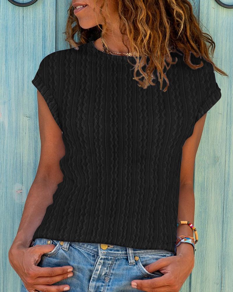 

Cap Sleeve Round Neck Cable Textured Top, Black
