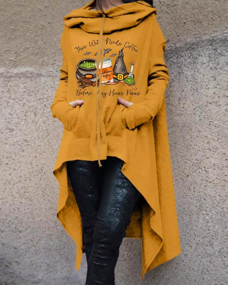 

Plus Size Halloween Graphic Letter Print Dip Hem Hoodie, Yellow