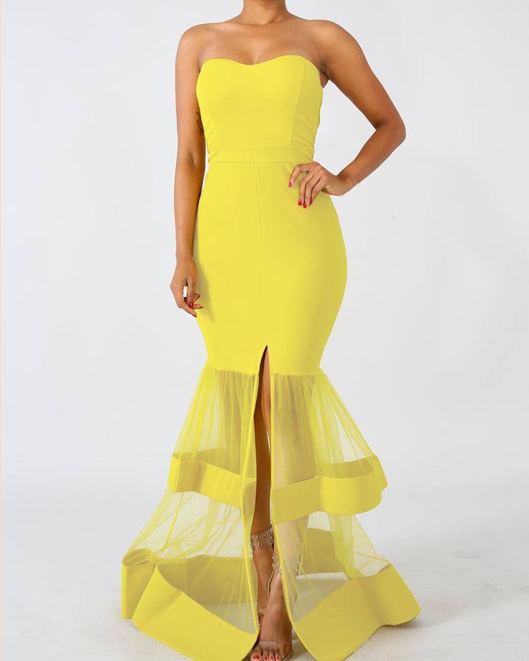 

Solid Strapless Split Mesh Mermaid Dress, Yellow