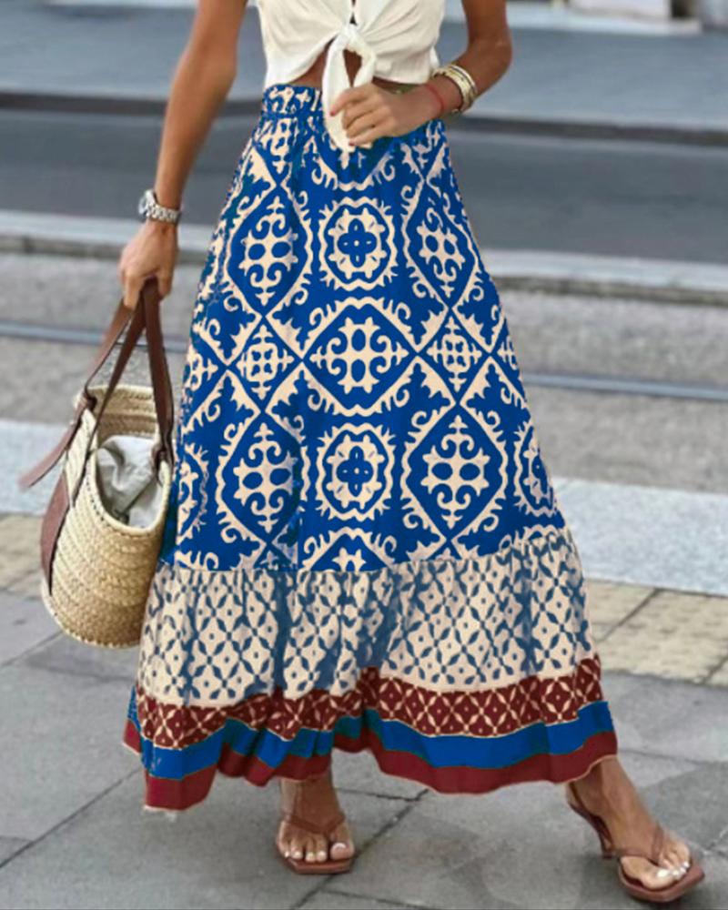 

Baroque Tribal Print Ruffle Hem Skirt, Blue