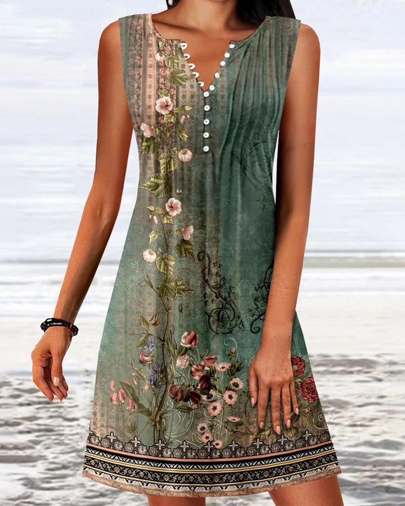 

Tropical Floral Print Buttoned Sleeveless Casual Dress, Green