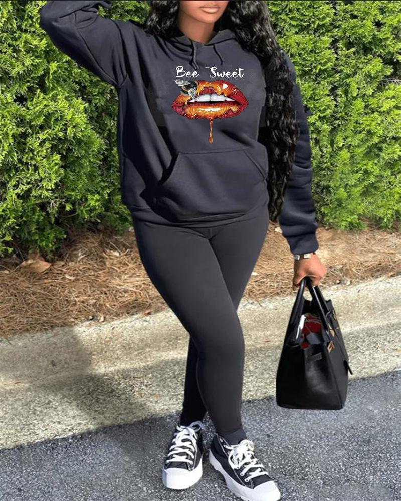 

Plus Size Lip Letter Print Long Sleeve Hoodie & Pants Set, Black
