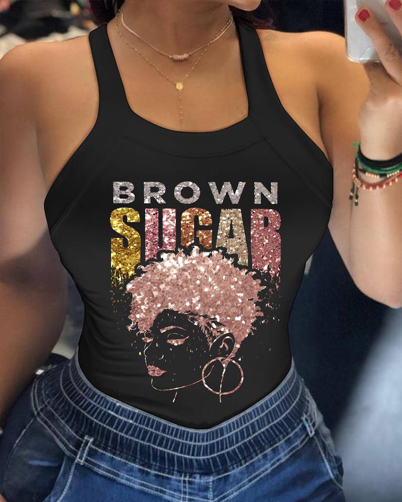 

Brown Sugar Afro Queen Print Bowknot Decor Tank Top, Black