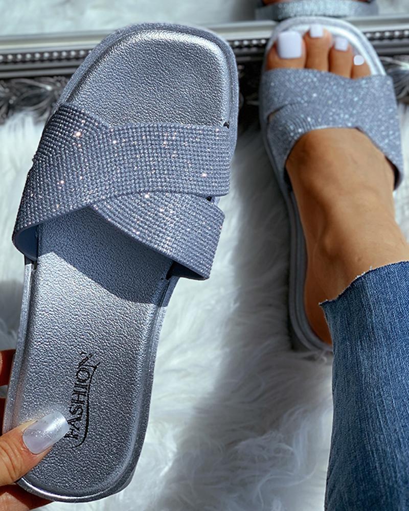 

Open Toe Studded Flat Sandals, Silver