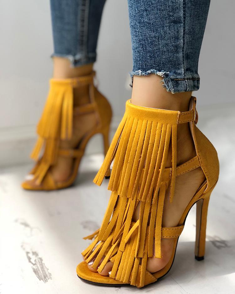 

Fashion Solid Tassel High Heel Sandals, Yellow