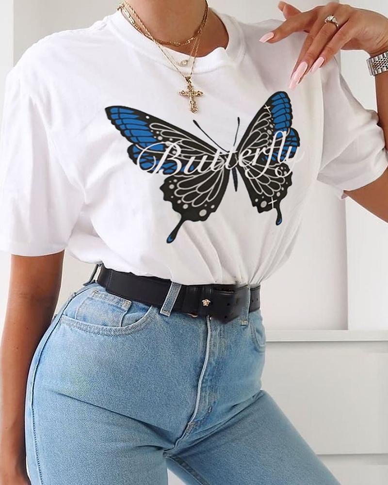 

Butterfly Print Round Neck T-shirt, White
