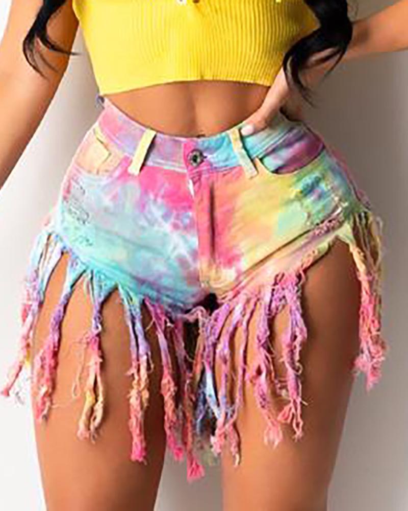

Tie Dye Print Tassel Design Ripped Denim Shorts, Yellow