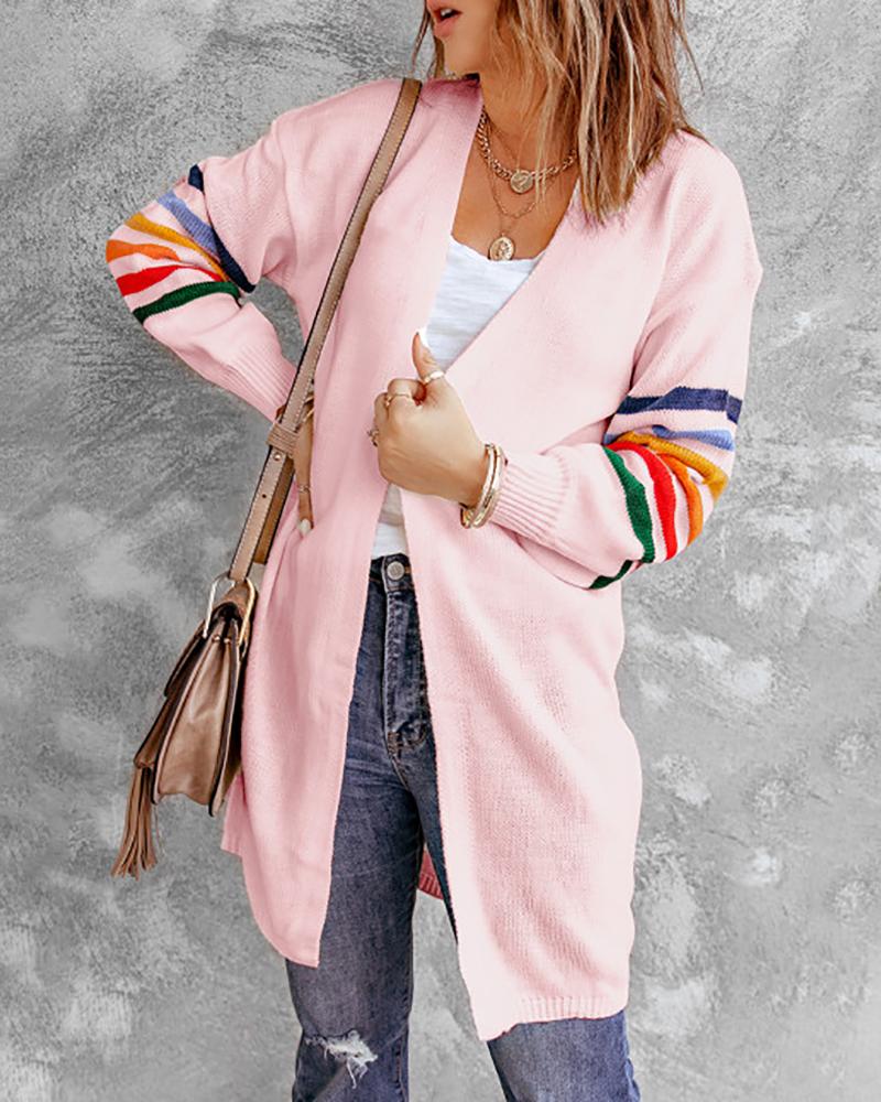 

Striped Print Bishop Sleeve Casual Cardigan, Pink