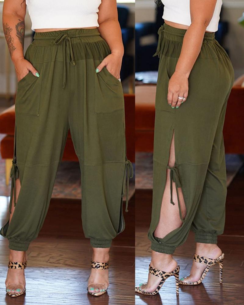 

Tied Detail Split Side Drawstring Cuffed Pants, Army green