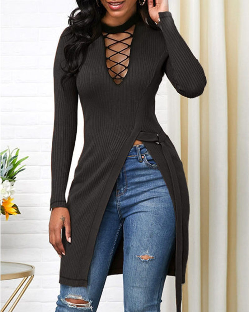 

Long Sleeve Lace-up High Split Ribbed Top, Black