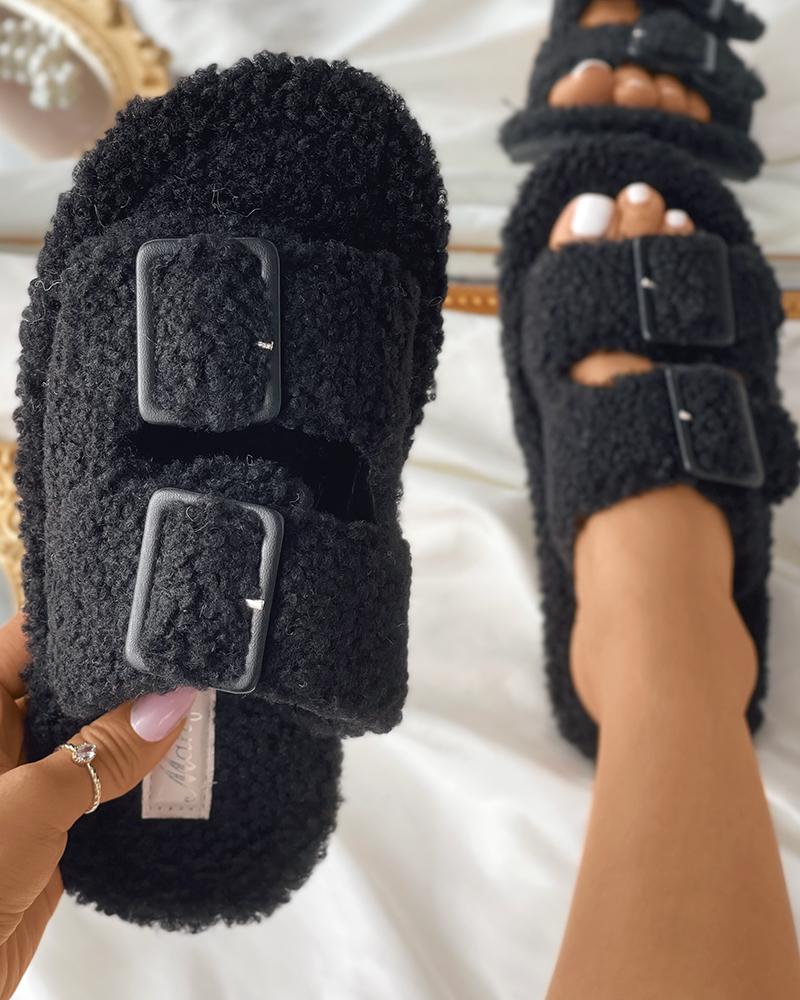 

Double Band Buckled Fluffy Slippers, Black