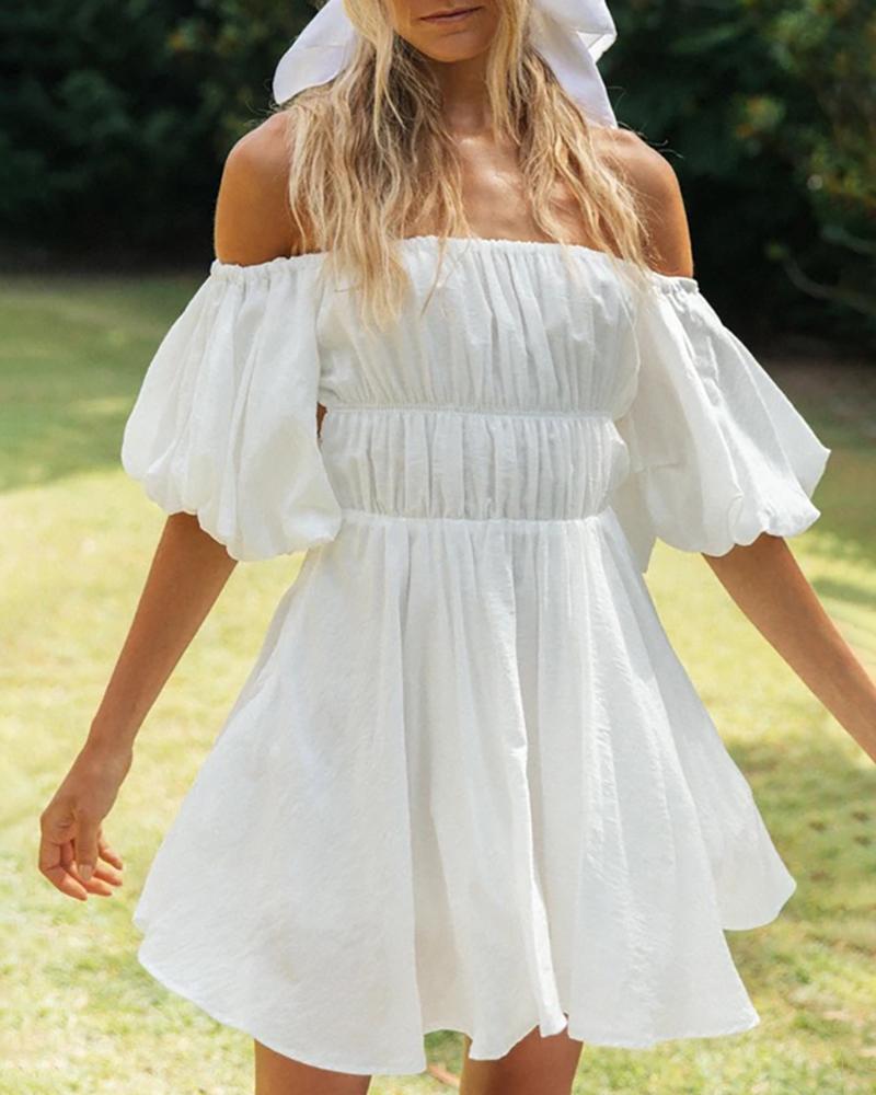 

Off Shoulder Plain Puff Sleeve Ruched Dress, White