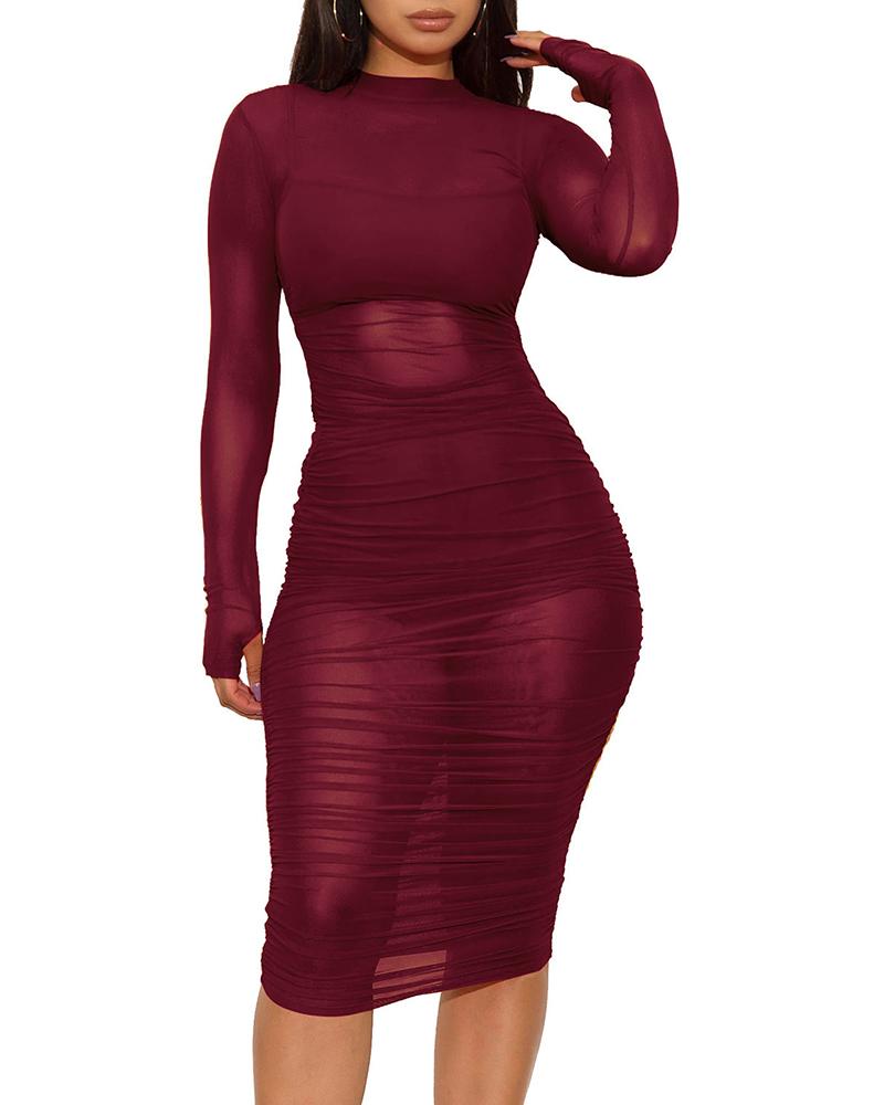 

Long Sleeve Ruched Sheer Mesh Bodycon Dress, Red