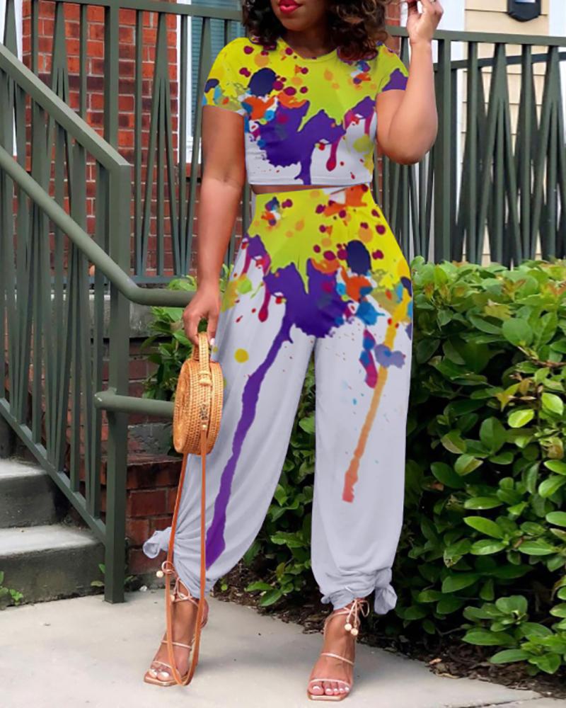 

Splash Ink Print Short Sleeve Top & Flared Pants Sets, Gray