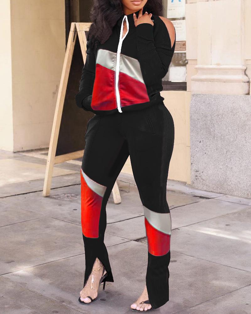 

Colorblock Cold Shoulder Zipper Design Top & Slit Pants Set, Black
