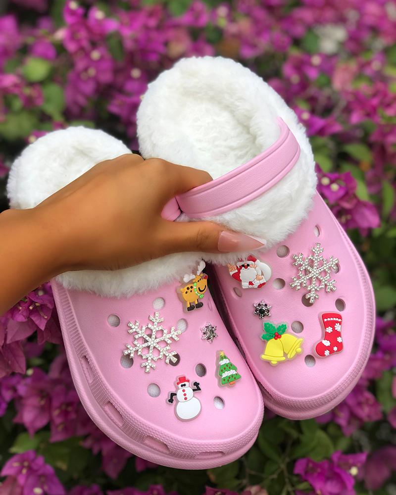 

Christmas Rhinestone Snowflake Satan Elk Pattern Lined Clogs, Pink