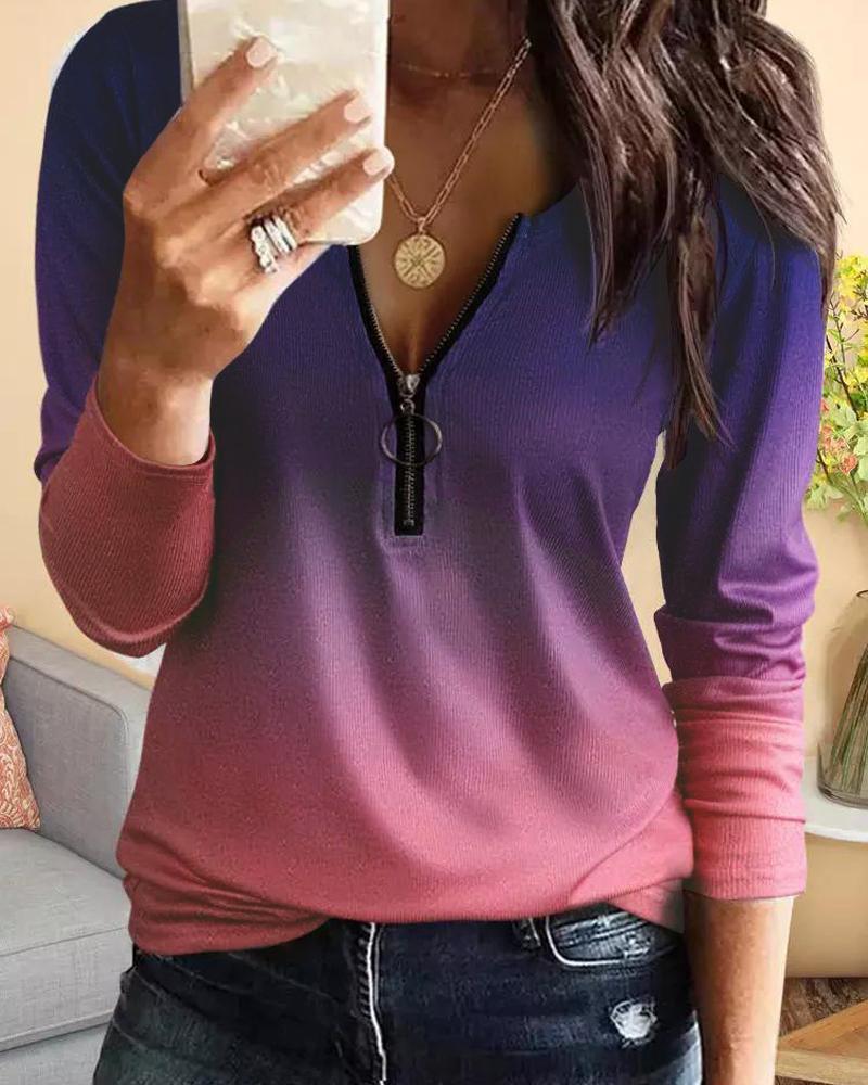 

Ombre Print Zip Detail Long Sleeve Top, Hot pink