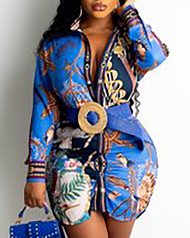 

Long Sleeve Scarf Print Buttoned Top, Blue