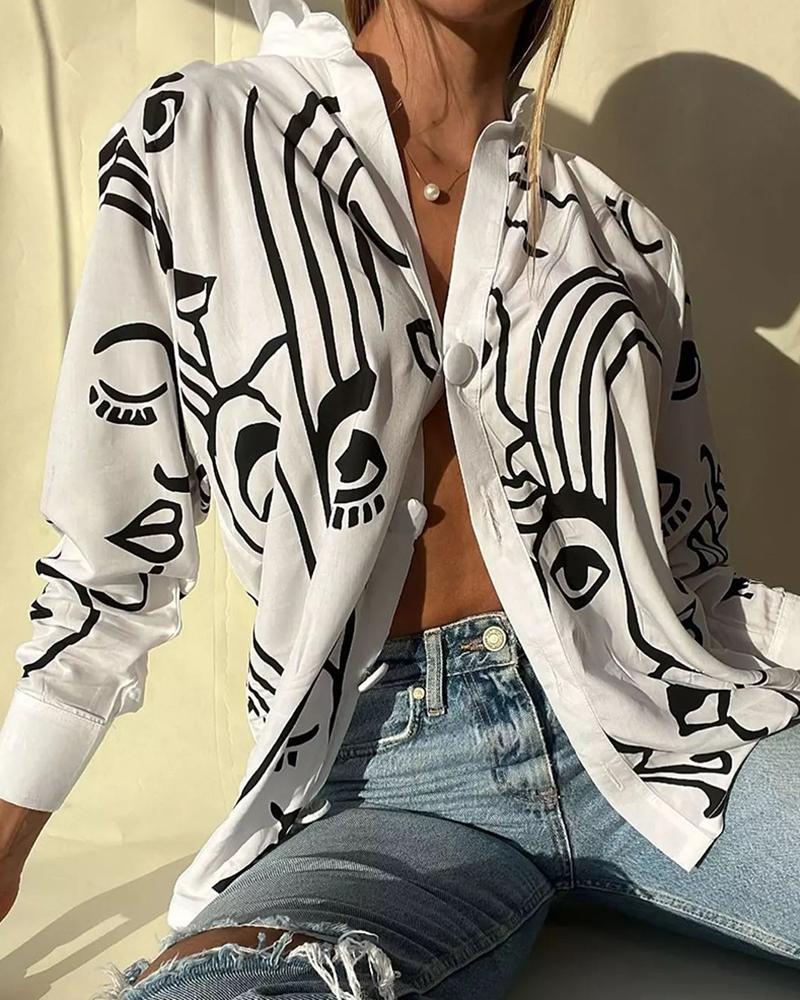 

Figure Print Stand Collar Buttoned Top, White