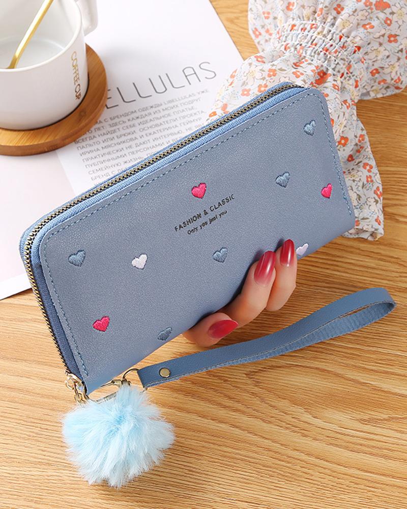 

Heart Pattern Pom Pom Zipper Purse, Blue